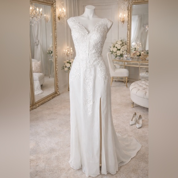 White Chiffon Wedding Dress 1XBeaded StrapsElegant Bridal Gown NWOT